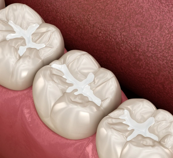 Close-up 3D illustration of dental sealants applied to molars for cavity prevention